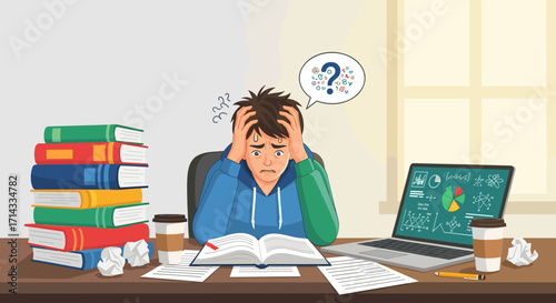 Young student overwhelmed by studying and exams, feeling stressed and confused with a pile of books and laptop.