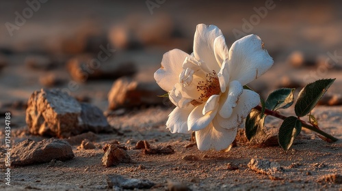 A single white rose, symbolizing a heartfelt tribute, rests gently on the arid ground with delicate petals scattered in remembrance, casting a solemn shadow.