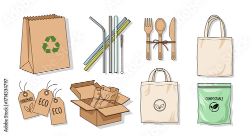 Collection of eco-friendly products including paper bags, reusable straws, bamboo cutlery, tote bags, and compostable packaging.