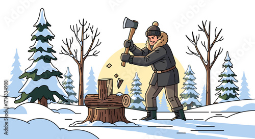 A determined man in warm winter attire is diligently chopping logs with an axe amidst a serene, snow-covered forest landscape, embodying rustic outdoor labor.