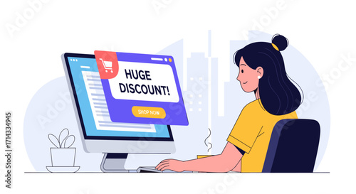 A young woman actively engages with her desktop computer, encountering a prominent 'Huge Discount' pop-up advertisement for online shopping.