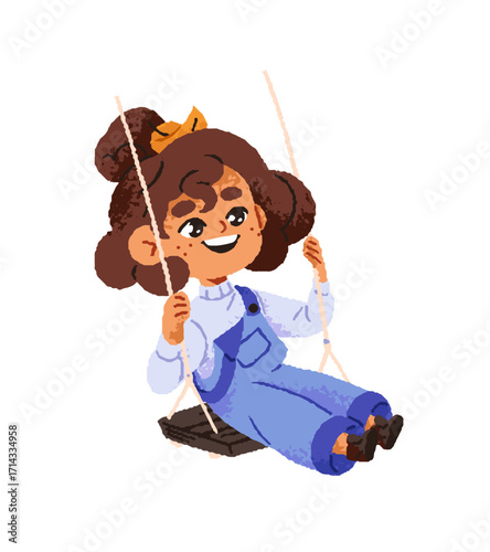 Happy little girl has fun on swing in recreation park. Cute kid sits, rides on hanged plank by rope on tree. Funny child in jumpsuit plays on playground. Flat isolated vector illustration on white
