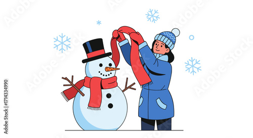 A joyful child in warm winter attire happily decorates a charming snowman with a vibrant red scarf, embodying the spirit of seasonal fun.