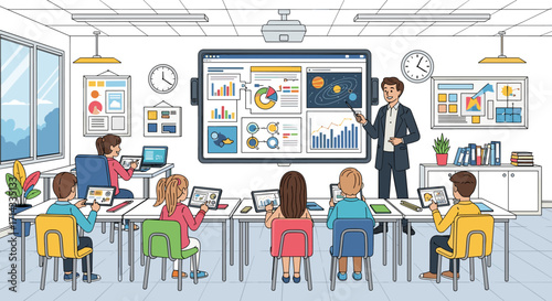 A modern classroom features a teacher explaining data analytics on an interactive screen to diverse students engaged in digital learning with tablets and laptops.