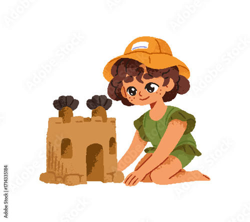 Happy kid in swimsuit makes sand castle on beach. Cute little girl builds sandcastle at sea resort. Child plays, has fun on coast on summer holiday. Flat isolated drawing vector illustration on white