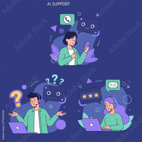 Helpdesk set. Characters using artificial intelligence generative tools for communication. Call center, hotline, customer support service concept. Vector illustration.