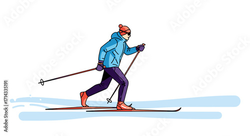 This vibrant vector illustration captures an active person cross-country skiing, enjoying a popular winter sport and healthy outdoor recreation.