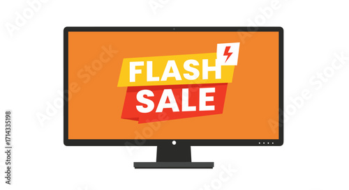 A modern computer monitor prominently displays an eye-catching flash sale advertisement, perfect for online shopping promotions and discount campaigns.