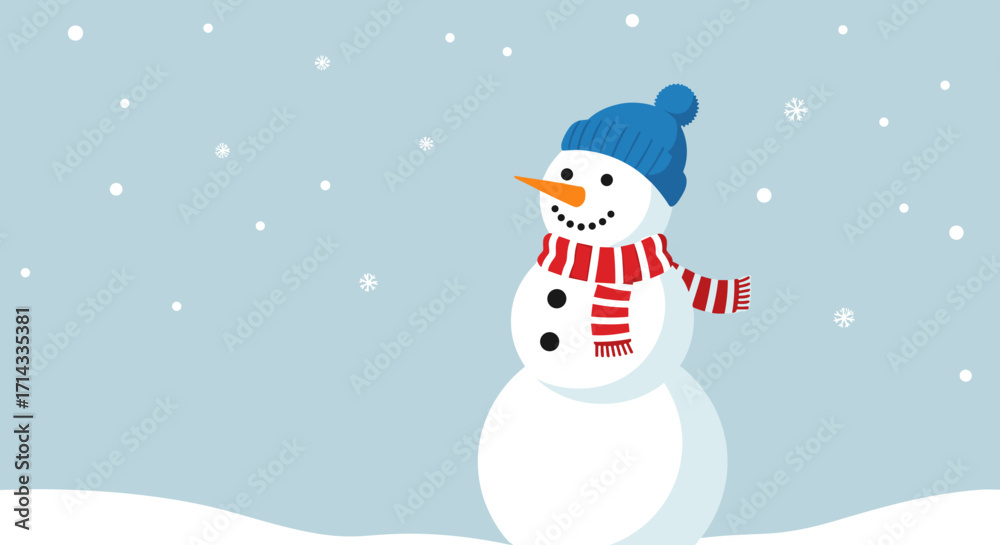 Fototapeta premium A charming cartoon snowman, adorned with a cozy blue hat and a striped scarf, stands cheerfully in a peaceful winter scene with falling snowflakes.