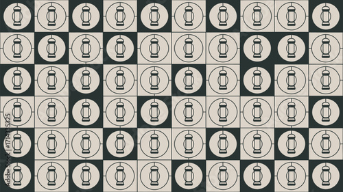 Lanterns inside circles on alternating dark and light squares creating a checkerboard pattern design