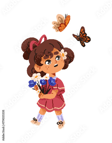 Amazed kid with bouquet looks at flying butterflies. Cute little girl carries posy of wildflowers. Happy child walks with summer meadow flowers. Flat isolated drawing vector illustration on white