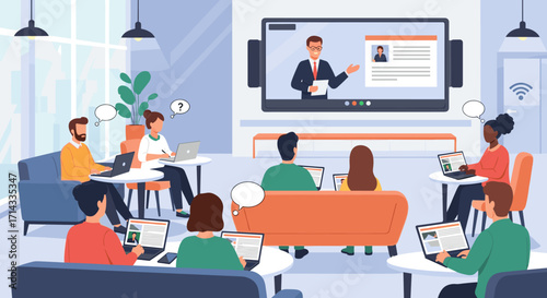 A diverse group of professionals and students engage in an interactive online learning session or virtual business meeting within a modern, collaborative workspace.