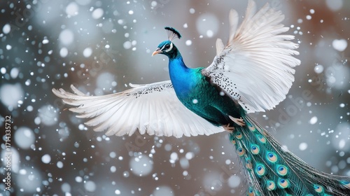 Majestic Peacock Spreading Wings in Winter Snowfall Scene