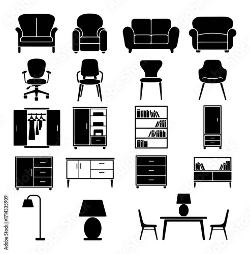 Collection of Black and White Furniture Icons for Interior Design