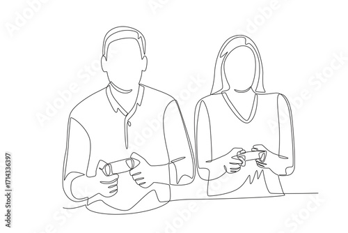 Couple playing competitive games on PS console. Couple co op game concept one-line drawing