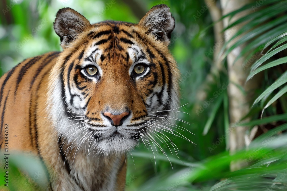 Fototapeta premium Sumatran tiger staring through lush green jungle foliage