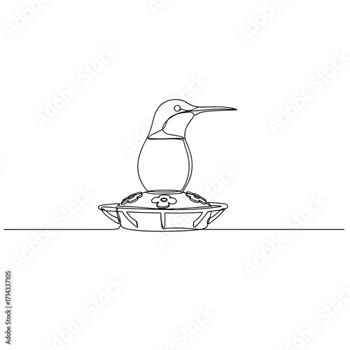 Hummingbird at feeder in one-line drawing style