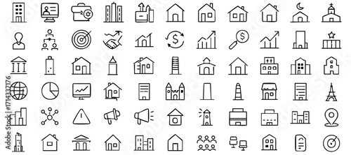 Editable 50 Building Line Icons Set – Minimalist Thin Stroke Vector Illustration Pack Featuring Residential, Commercial, Industrial, and Landmark Structures – Clean Linear Icons for Architecture