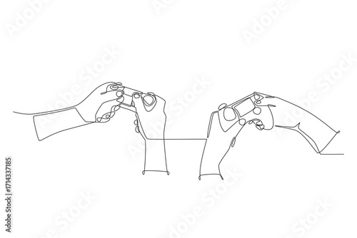 A pair of hands playing competitive games on the PS console. Couple co op game concept one-line drawing