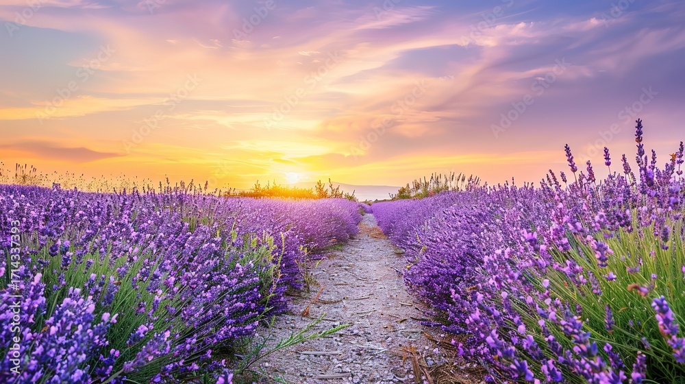 Obraz premium Lavender and Twilight: A Serene Path of Lavender Flowers Leading to a Sunset-Kissed Beach