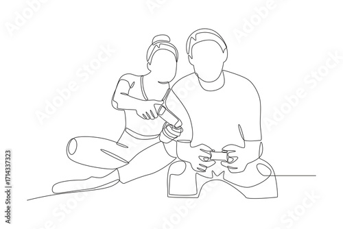 Couple playing competitive games on PS console. Couple co op game concept one-line drawing