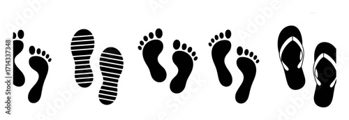 Collection of Footprint and Flip-Flop Icons Representing Movement and Footwear