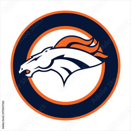 White horse head logo with orange mane on dark blue circle background