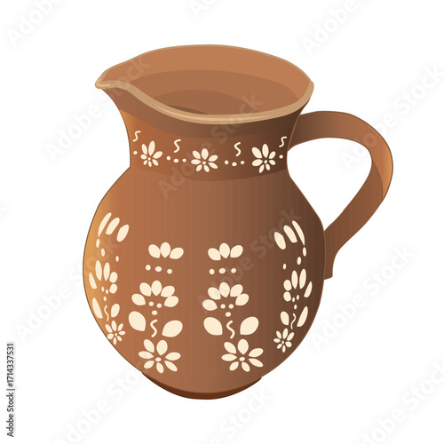 Ceramic pitcher isolated on white background. Old pottery jugfull. Round rustic clay jug. Earthen pot or carafe. Brown terracotta crockery. Capacity for drink. Earthenware vessel or decanter. Stock ve