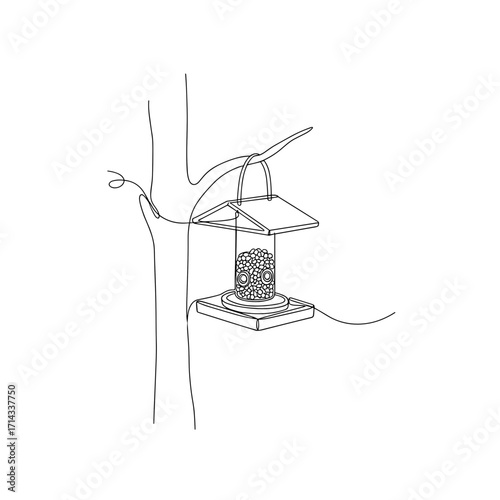 Bird feeder hanging on tree in minimal one-line drawing style