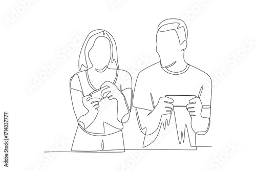 Couples playing competitive mobile games. Couple co op game concept one-line drawing