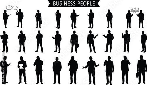 Silhouettes of diverse business professionals in multiple poses and activities, corporate teamwork, office communication, leadership, workplace diversity, professional collaboration concept