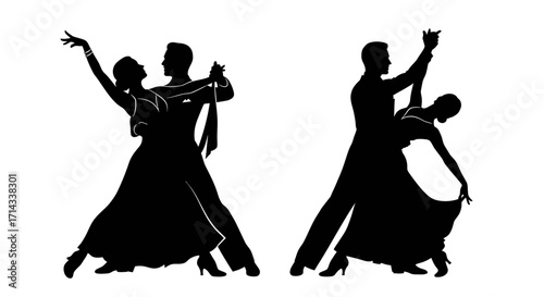 Vector silhouettes of two dancing couples, elegant ballroom dance poses, romantic movement illustration isolated on white background