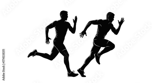 Vector silhouettes of two running athletes, jogging and sprinting people icons, fitness and sport concept isolated on white background