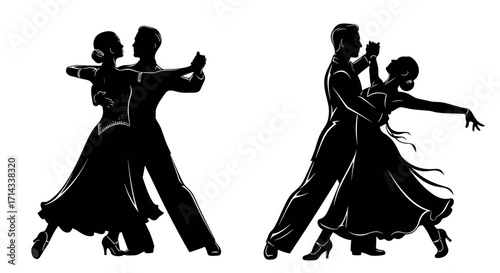 Vector silhouettes of two dancing couples, elegant ballroom dance poses, romantic movement illustration isolated on white background
