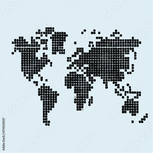 Abstract digital world map visualization, intricately composed of numerous square pixels, symbolizing global interconnectedness, data networks, and modern communication across continents