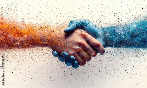 Two hands shaking, composed of particles