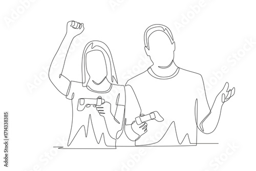 Couple playing competitive games on PS console. Couple co op game concept one-line drawing