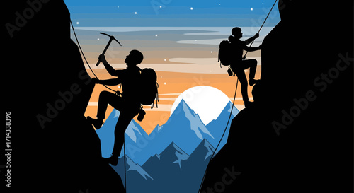 Vector silhouettes of two mountain climbers, outdoor hiking adventure and extreme sport icons isolated on white background illustration