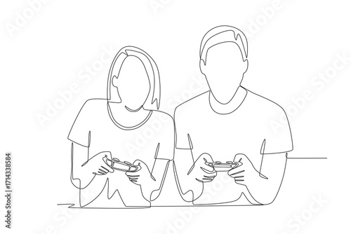 Couple playing competitive games on PS console. Couple co op game concept one-line drawing