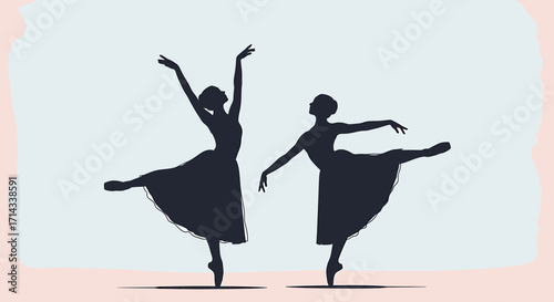 Vector silhouettes of two ballet dancers performing elegant poses, classical dance icons, artistic movement isolated on white background