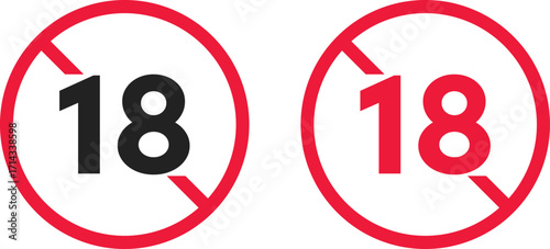 over 18 plus adult signs. 18+ warning symbol. Age restriction 18 years. eighteen years warning prohibition or ban sign