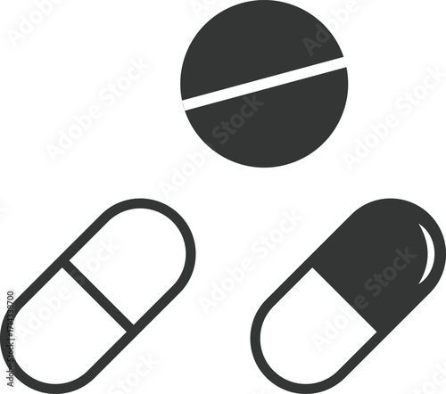 Medicine pills icon set. Capsule icons collection. Healthcare treatment medicine pills symbol. Drug sign 