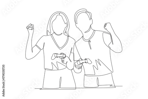 Couple playing competitive games on PS console. Couple co op game concept one-line drawing