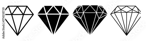 Four Stylized Diamond Icons: Outline, Solid, and Detailed Facets
