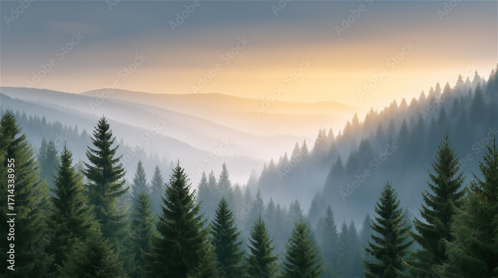 Obraz premium Misty pine forest at sunrise with soft light and mountain silhouettes, symbolizing wilderness, adventure, ecology, natural beauty and environmental awareness with copy space for design.