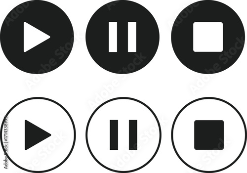 Play pause stop icon set. media player buttons. Music interface symbol