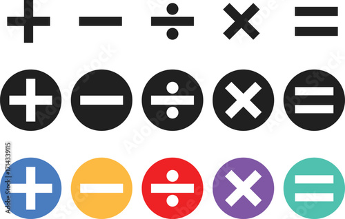 mathematical symbol icon set. Plus, minus, Multiply, division sign. Calculator button symbol