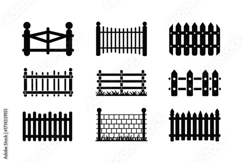 Collection of various black fence silhouettes, showcasing different designs and styles for outdoor boundaries.