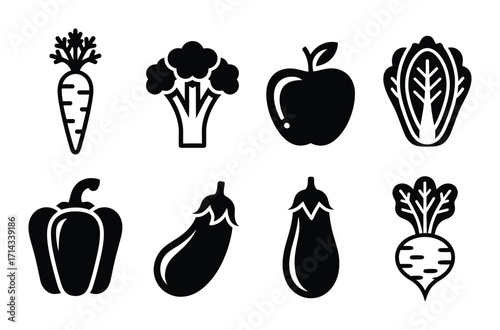 Black and white vector icons of various fruits and vegetables.