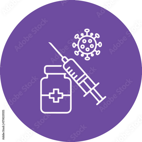 An illustration depicting a syringe, a medical vial, and a virus particle, symbolizing vaccination or treatment against a viral disease.